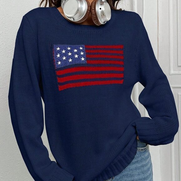 Blue Casual Womens Flag Pattern Sweater - Picture 2 of 5